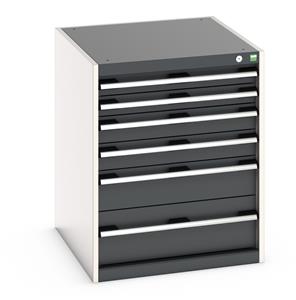 Cabinet consists of 2 x 75mm, 2 x 100mm, 1 x 150mm and 1 x 200mm high drawers 100% extension drawer with internal dimensions of 525mm wide x 625mm deep. The drawers have a U.D.L of 75kg (when approaching high weight loads it is suggested to fix Bott Cubio Tool Storage Drawer Units 650 mm wide 750 deep